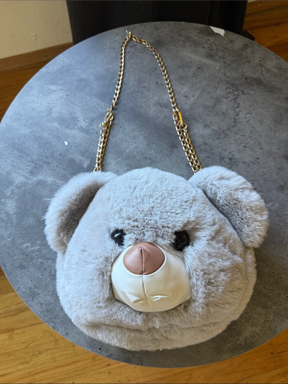 Popatu Plush Teddy Bear Crossbody Bag - Light Gray with Gold Chain